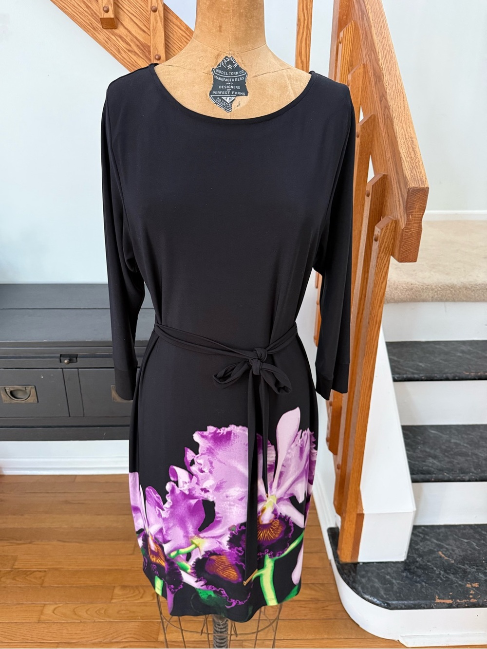 Calvin Klein Black Long Sleeve Dress with Purple Floral Hem